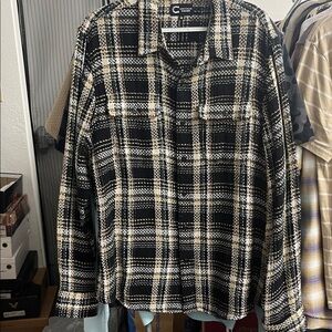 Lucky Brand Black Green and Cream Plaid Casual Button Down Shirt
